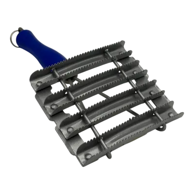 A specialized grooming brush designed to trim a horse's coat, remove dead skin, and give it a shiny appearance.