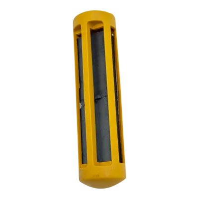 Livestock supplies: Bovimini caged rumen magnet, yellow, 25 x 100 mm metal swallowing magnet.