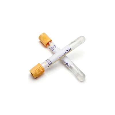 Yellow sterile hemogram tube with gel cap for blood analysis.
