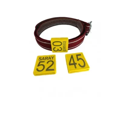 Small livestock collar with buckle and laser-printed number for sheep and goat tracking collars.