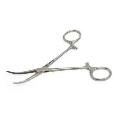 Stainless steel hemostatic forceps, 14 cm, 5.5 inch curved model, medical clamp.