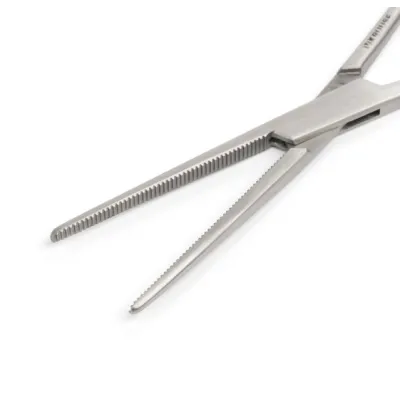 Hemostatic forceps, 16 cm (6.3 inch) straight, veterinary surgical vessel sealing and tissue clamp.
