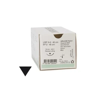 Veteriner Nylon İplik. No:3/0. 45 cm. 19 mm 3/8 C Keskin İynəli. 18/pk – KRUUSE