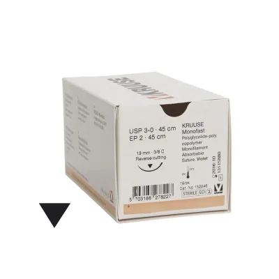 Veteriner Monofast İplik. No:3/0. 45 cm. 19 mm 3/8 Keskin İğneli. 18/pk