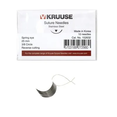 Kruuse-Vet Sütür İğnesi. Spring Eye. 3/8. Keskin. 25 mm. 10/pk