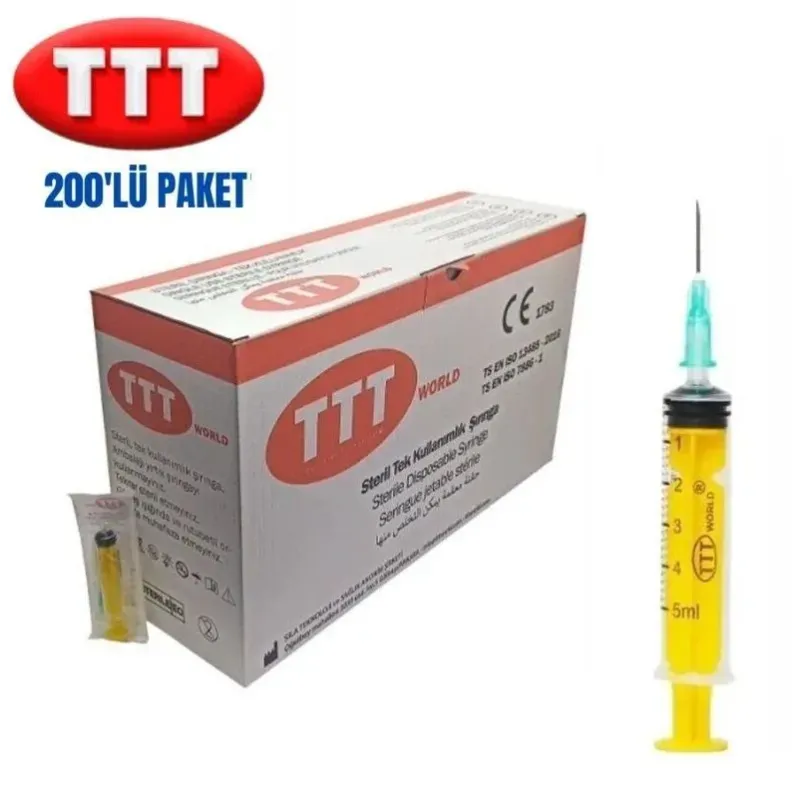 TTT Plastic Syringe 5 ml Sealed 21g Green Short Needle (200 Pieces)