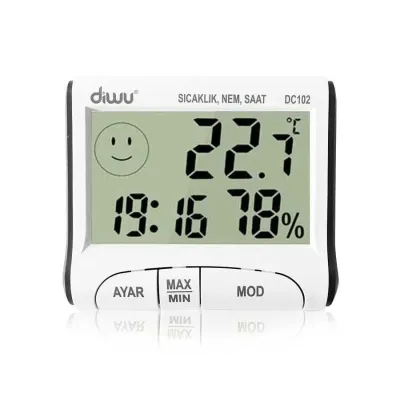Diwu Termometre-Higrometre DC102 (Nem ve Sıcaklık Ölçer) Saatli