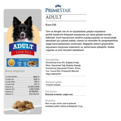 Yetişkin İt Maması (Lamb&Rice) 15 kg – Prımestar
