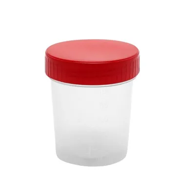 Sterile urine sample cup, 100 ml, medical laboratory consumable.