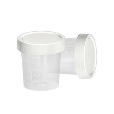 Non-sterile urine sample cup, 100 ml medical laboratory analysis cup.