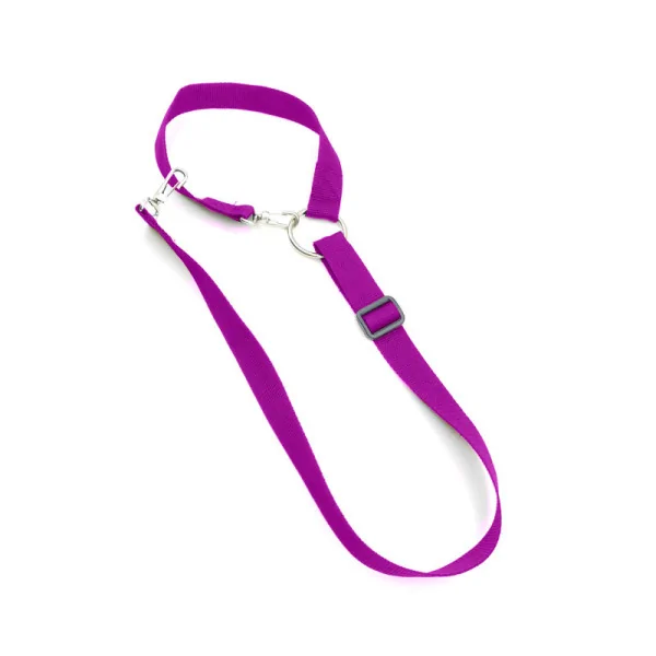 Pink seatbelt that attaches to the headrest.