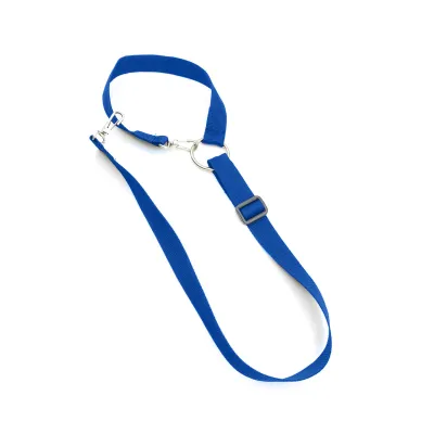 Blue pet safety harness that can be attached to the headrest.