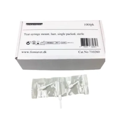 Box of 100 plastic teat probes for veterinary cattle teat duct opening, attachable to syringe.