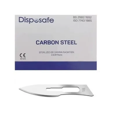 Scalpel blade No. 18, 100 sterile scalpel blades per box.