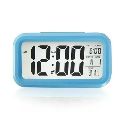 Desktop clock, calendar, thermometer, blue battery-operated indoor thermometer.