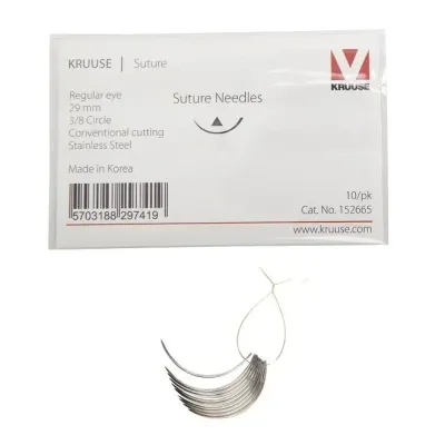 3/8 inch sewing needle, sterile needle for clinical suturing procedures.