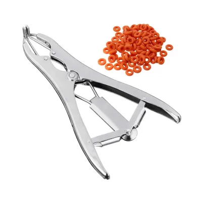 Metal elastrator kəlbətinlərinin, 100 hissəli rezin xırda heyvan quyruğu və xaya burma dəstinin ümumi görünüşü.