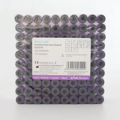 Vakuumla möhürlənmiş K2 EDTA Boru 2 ML (Bənövşəyi Qapaq) 100 ədədlik paket – Vacu Lab