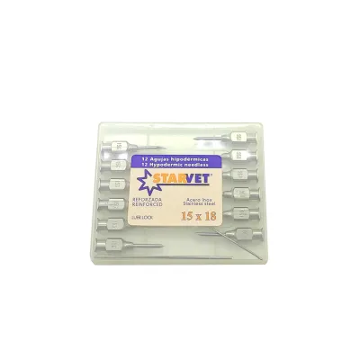 12 stainless steel veterinary syringe needles measuring 15 x 18 mm.