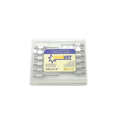 12 stainless steel veterinary syringe needles measuring 20 x 13 mm.