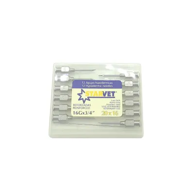 20 x 16 mm ölçülü 12 ədəd paslanmayan polad baytarlıq şpris iynəsi.