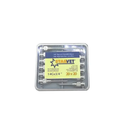 12 stainless steel veterinary syringe needles measuring 20 x 20 mm.