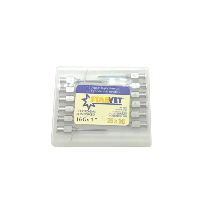 25 x 16 mm ölçülü 12 ədəd paslanmayan polad baytarlıq şpris iynəsi.