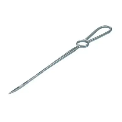 A specially curved suturing needle that facilitates the suturing process in veterinary obstetric surgery.