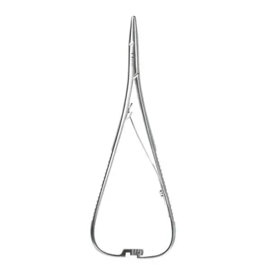 A surgical forceps that facilitates suturing during surgery by precisely gripping tissues.