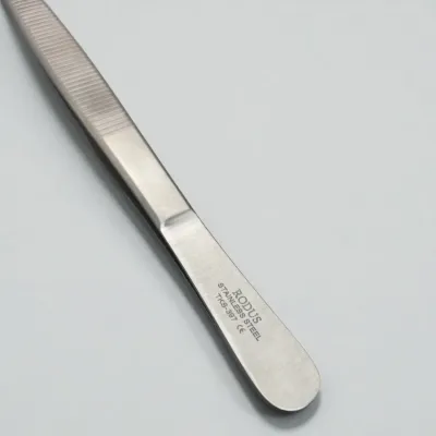 Stainless steel surgical forceps, straight blunt tip, 20 cm, clinical equipment.