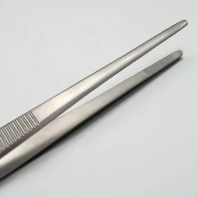 Surgical dressing forceps, straight blunt tip, 20 cm, stainless steel.