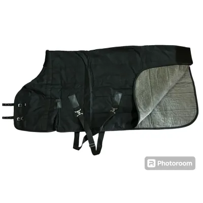 A specially insulated blanket designed to help horses maintain their body temperature during cold winter months, resistant to wind and moisture.