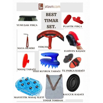 Atların günlük bakım ve temizlik rutinlerini eksiksiz tamamlamanızı sağlayan profesyonel parçalardan oluşan tımar seti