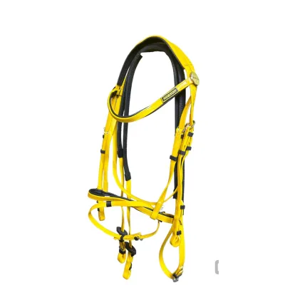 Detailed image of a colorful PVC bridle set for horses.