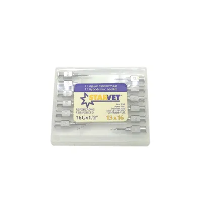 12 stainless steel veterinary syringe needles measuring 13 x 16 mm.