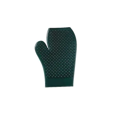 A glove-shaped brush that collects shedding hair from a horse's body.